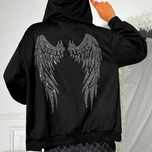 Black and Silver Rhinestone Angel Wings Long Sleeve Hooded Zipper Sweater Black